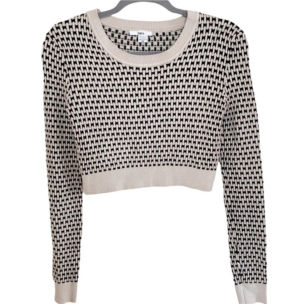 Bar III Black and Taupe Basket Weave Patterned Cropped Sweater